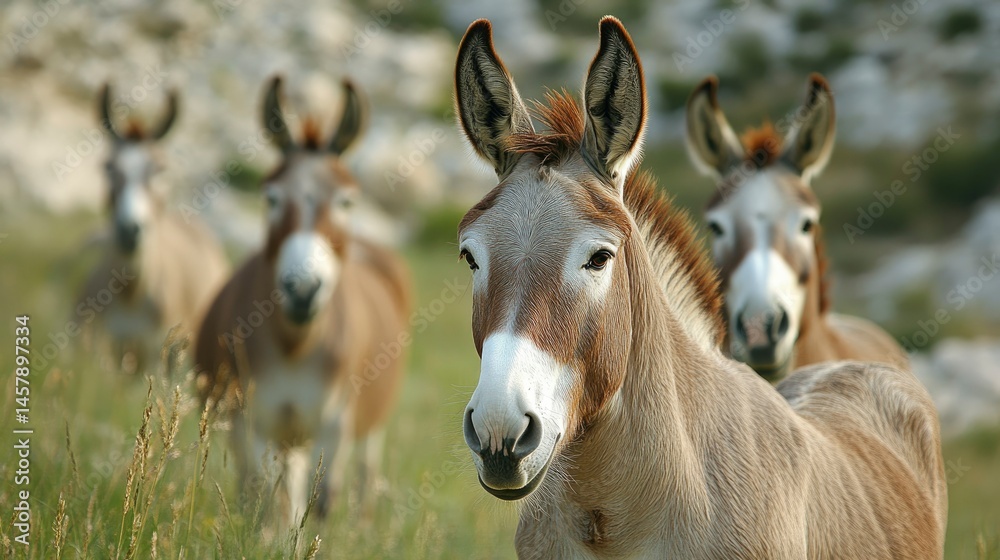 Fototapeta premium Herd of Donkeys Grazing in a Lush Green Meadow