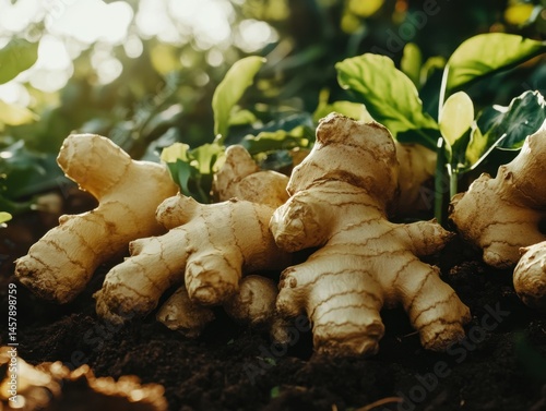 Fresh ginger root harvest close up in garden soil under sunlight healthy eating ingredient culinary herb