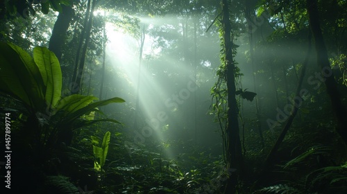 Fototapeta Naklejka Na Ścianę i Meble -  Sunbeams Illuminate Lush Green Rainforest Canopy