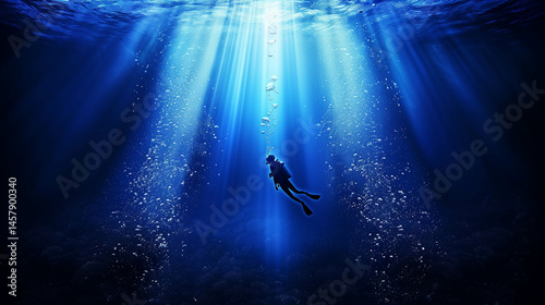 Deep sea diver surrounded by beams of sunlight penetrating the dark ocean depths