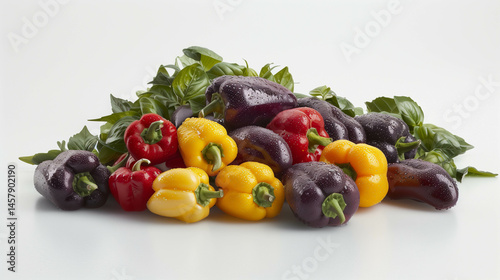 Fresh assorted bell peppers in red yellow and purple with leafy greens on white background