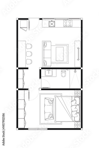 Tiny House or Apartment Floor Plan with Living, Dining, Kitchen, and Bedrooms. Vector Lines Black on White Background. 1