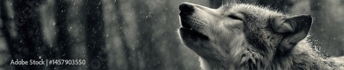 Ultra-wide photo of a wolf howling under the moonlight, with a cinematic mood and mist in the background, capturing the wild and mystical atmosphere. photo