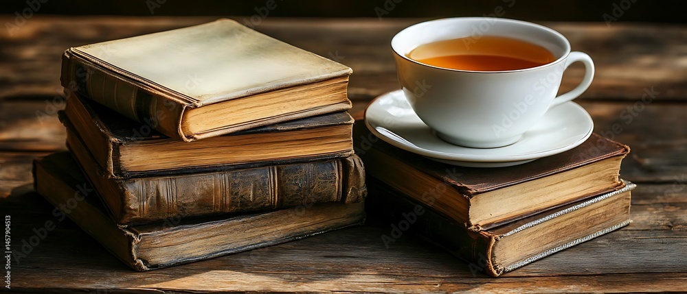Naklejka premium Tea and antique books on wood