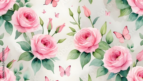 Soft and Elegant Watercolor Roses with Butterflies in Gentle Hues