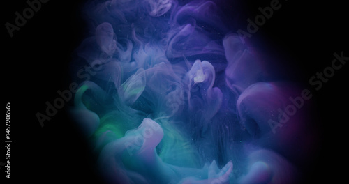 Vapor mix. Ink wave. Violet blue green fume puff explosion blending color in art liquid. Black frame abstract defocused background.