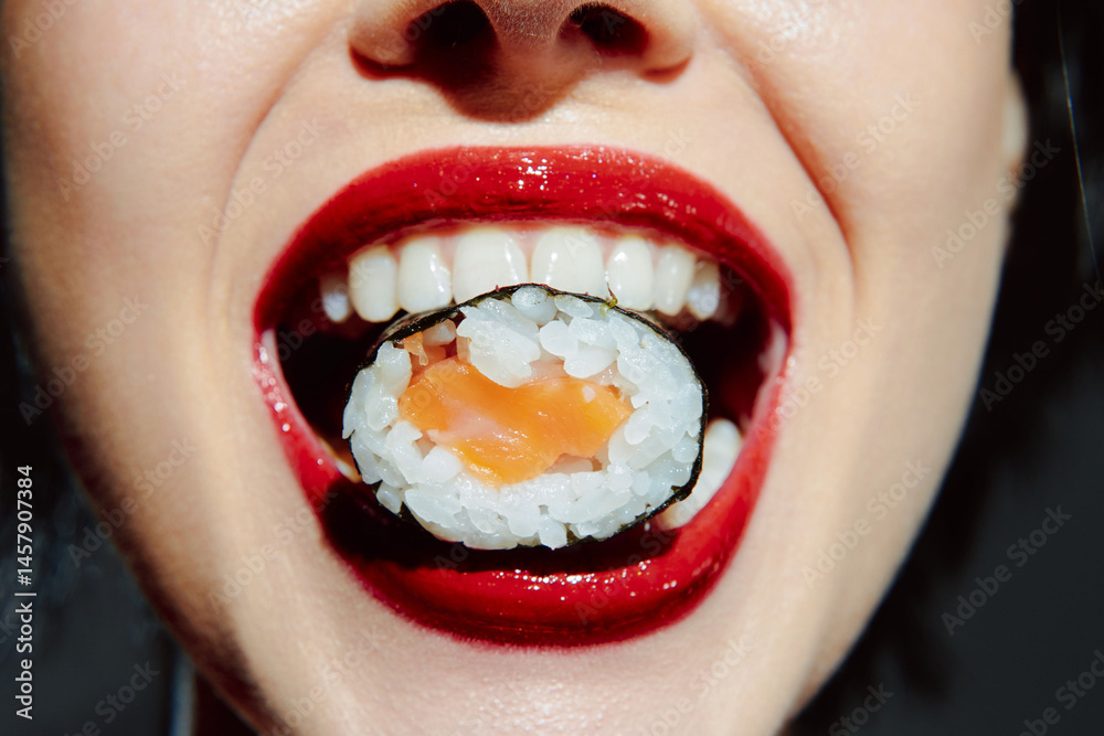 Close-up of a woman enjoying sushi with a vibrant smile, showcasing dark hair, bold red lipstick, and a playful expression, against a soft background.
