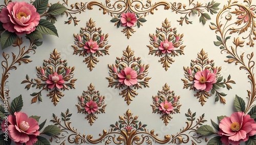Intricate floral damask wallpaper in muted tones, wall covering, repeating, seamless