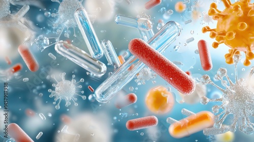 Colorful microscopic view of bacteria and viruses in a scientific illustration.