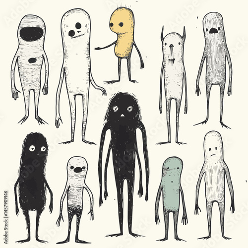 Set of various strange creatures or people or persons with long arms and small heads