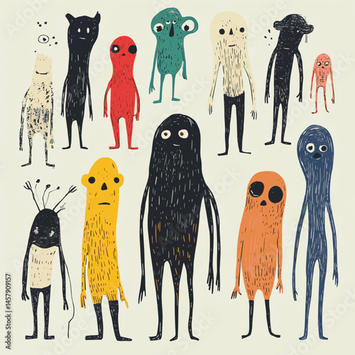 Set of various strange creatures or people or persons with long arms and small heads