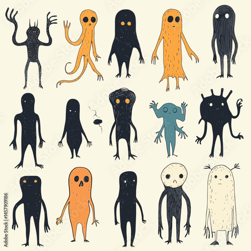 Set of various strange creatures or people or persons with long arms and small heads
