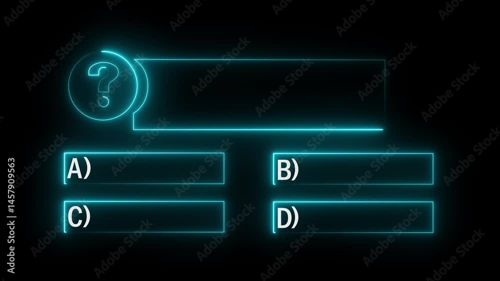Quiz Neon Line Animation with option selection on black background ,Quiz template challenge with option selection, Neon Line Animation on empty background for quiz