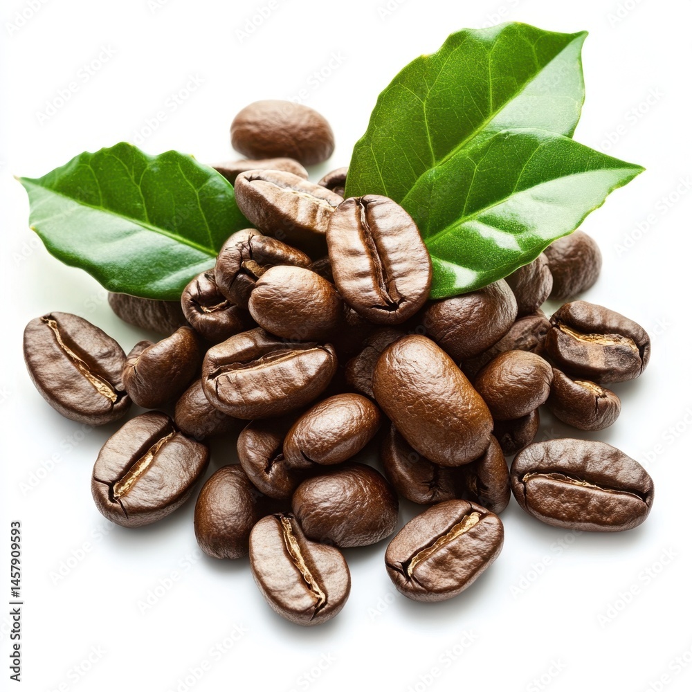 Obraz premium Aromatic Coffee Beans with Fresh Green Leaves on White Background Perfect for Morning Brews and Coffee Shops