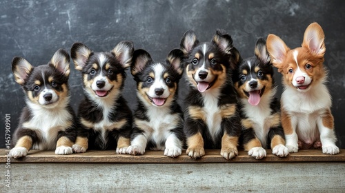 Adorable Lineup of Five Happy Cardigan Welsh Corgi Puppies