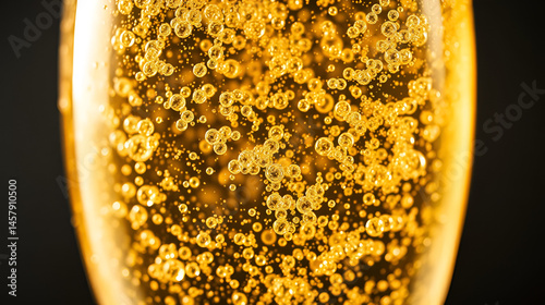 Bubbles in glass of french sparkling champagne wine golden bubbles close up