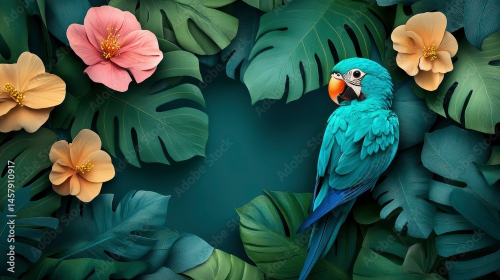 Fototapeta premium Vibrant Blue Parrot Amidst Lush Tropical Foliage