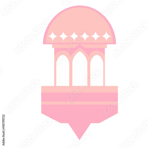 A stylized pink dome featuring white geometric stars and arched openings, merging cultural aesthetics with architectural symmetry and elegance.