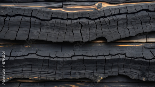 Scorched wood texture, blackened and charred with distinct cracks, evoking dramatic contrast and resilience photo
