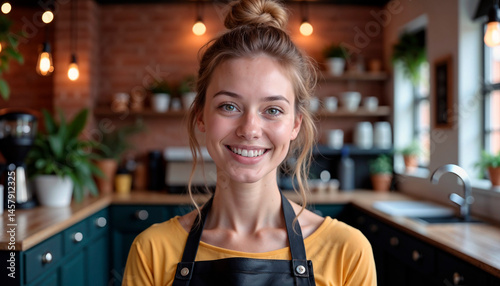 Smiling woman in a kitchen wearing an apron with greenery background  