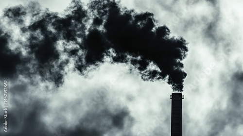 Industrial smokestack emitting dark smoke against cloudy sky