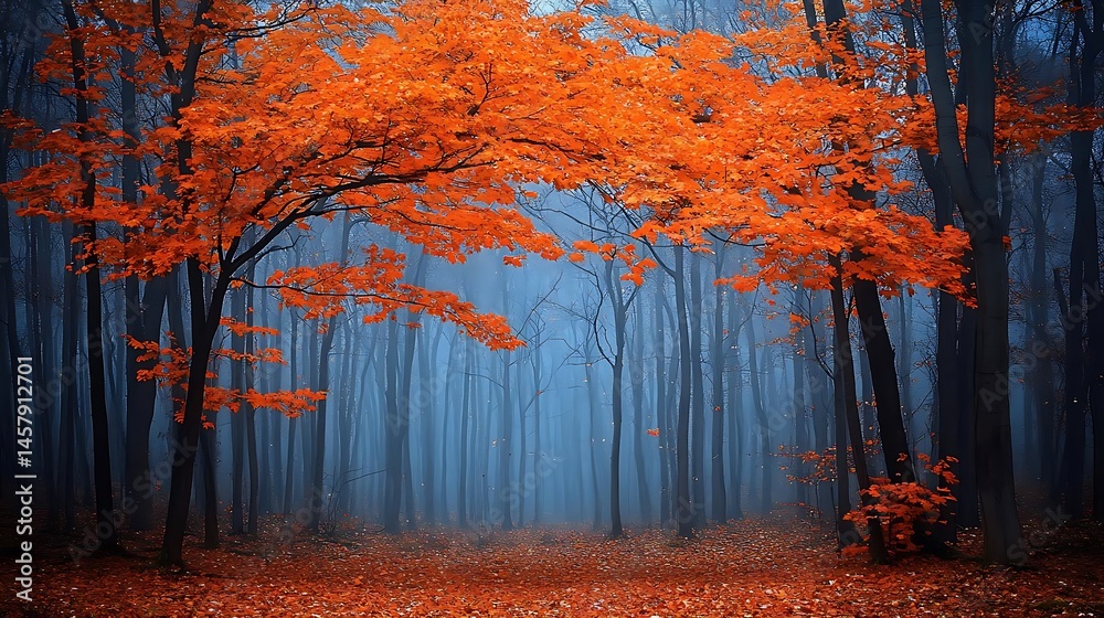 Fototapeta premium Autumn forest path, misty scene