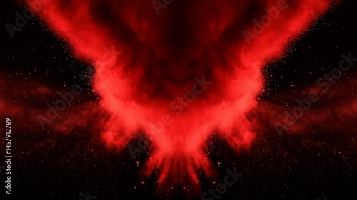 Explosive red powder burst. Slow motion movement acceleration in the beginning.  particles, Has alpha matte, Cg animation of red powder explosion on black background, dynamic motion, black background