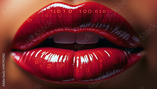 Digital Binary Code Overlay on Glossy Red Lips  