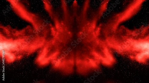 Explosive red powder burst. Slow motion movement acceleration in the beginning.  particles, Has alpha matte, Cg animation of red powder explosion on black background, dynamic motion, black background