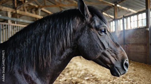 Black horse in a stable; calm, rural scene;  possible use for agriculture, horse breeding stock photos