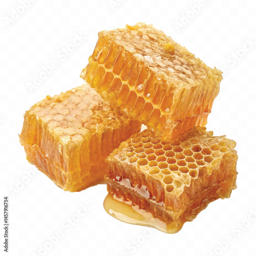 realistic glossy honeycomb dripping liquid honey isolated on transparent background