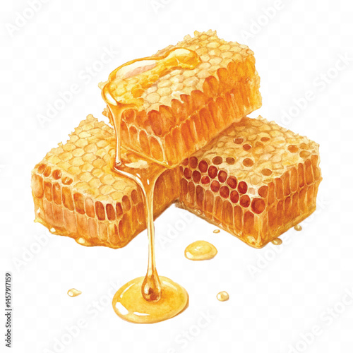 realistic glossy honeycomb dripping liquid honey isolated on transparent background