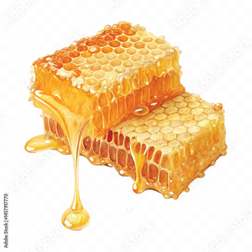 realistic glossy honeycomb dripping liquid honey isolated on transparent background