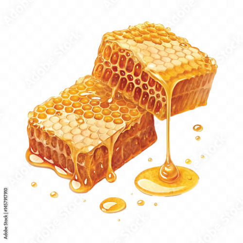 realistic glossy honeycomb dripping liquid honey isolated on transparent background