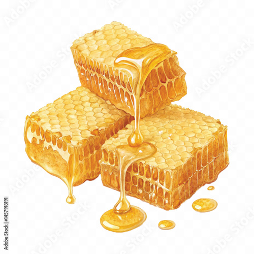realistic glossy honeycomb dripping liquid honey isolated on transparent background