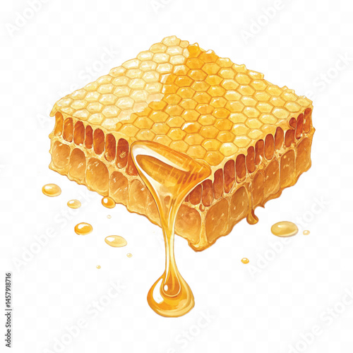 realistic glossy honeycomb dripping liquid honey isolated on transparent background