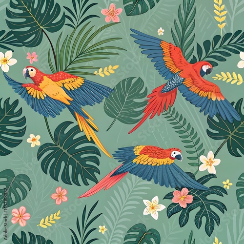 Vibrant Macaws in Flight Amid Lush Tropical Foliage, a Seamless Pattern of Colorful Birds and Exotic Plants, Creates a Vivid and Joyful Scene. photo
