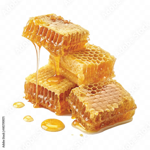 realistic glossy honeycomb dripping liquid honey isolated on transparent background