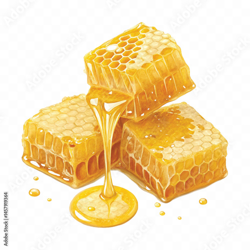 realistic glossy honeycomb dripping liquid honey isolated on transparent background