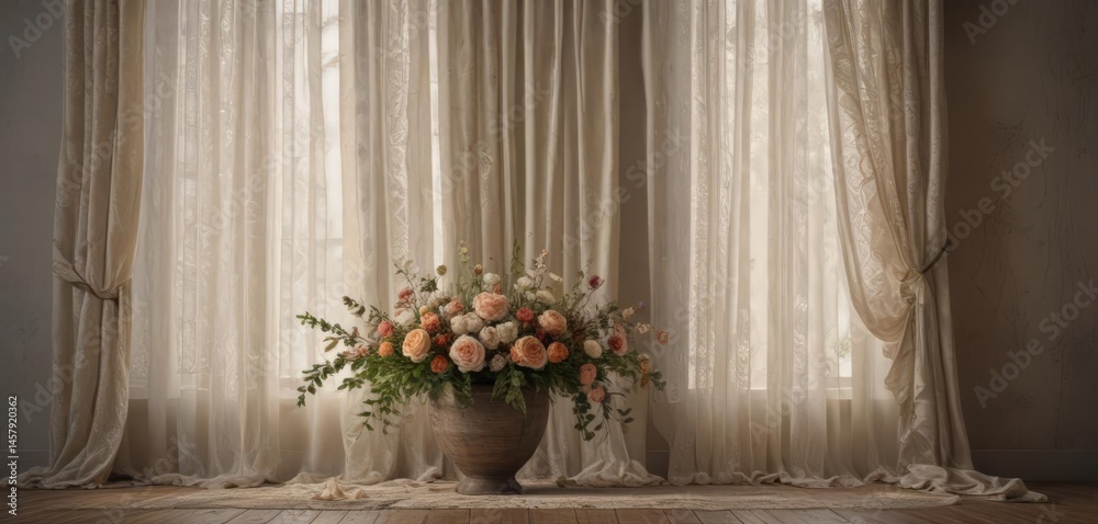 Fototapeta premium Rustic lace curtains & faux floral arrangement, eclectic wall art , shabby chic, dining room decor, boho