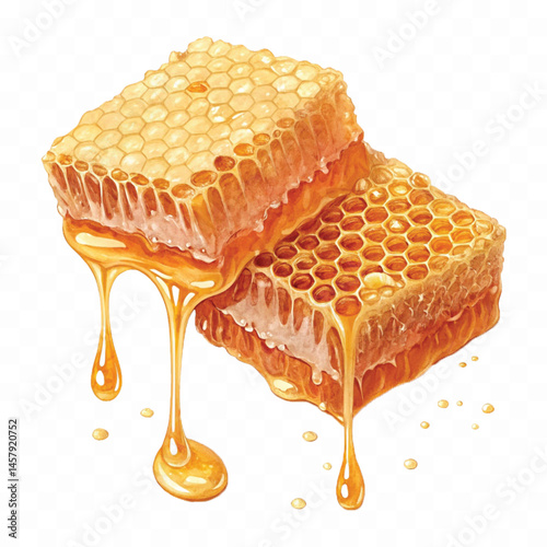 realistic glossy honeycomb dripping liquid honey isolated on transparent background