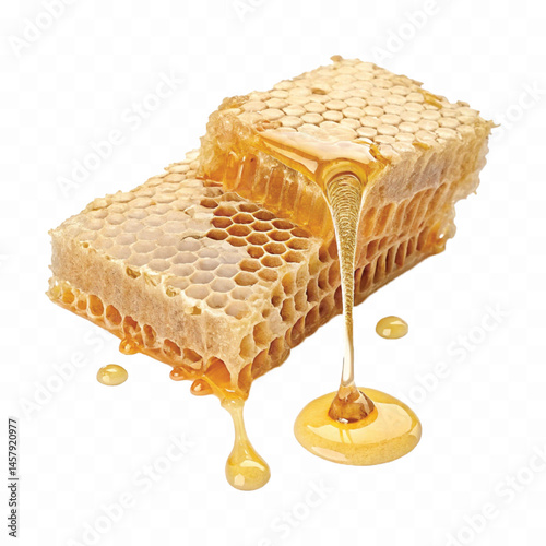 realistic glossy honeycomb dripping liquid honey isolated on transparent background