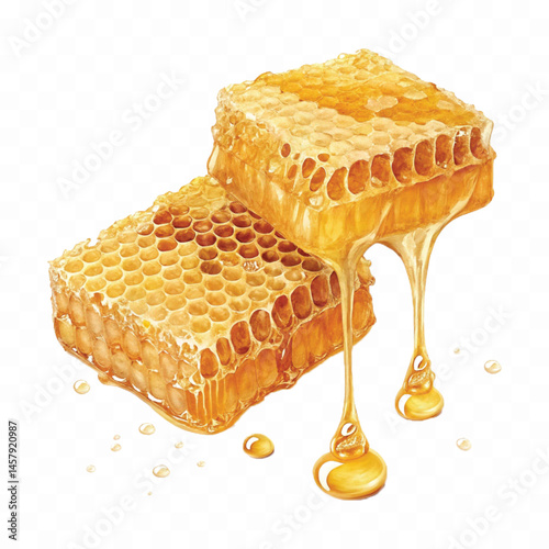 realistic glossy honeycomb dripping liquid honey isolated on transparent background
