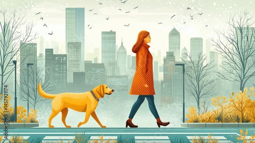 A woman walks her dog in a city on a fall day.  The scene depicts a woman in a  red coat, walking a golden retriever along a city street lined with autumnal foliage.  Soft light 
