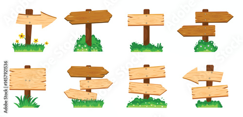 Wooden Signpost Vector Collection - Cartoon Arrow Direction Boards for Game or Map Design
