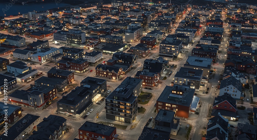 Fototapeta premium Night Cityscape Aerial View of Buildings and Streets