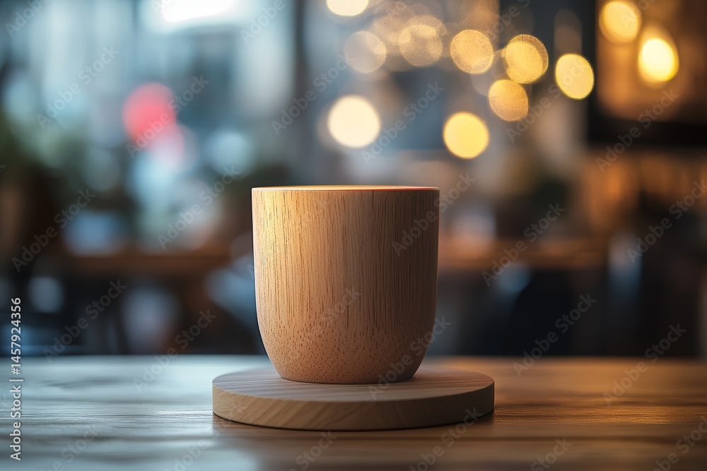 Wooden cup resting on a wooden coaster in a cafe setting. Wooden cup resting on a wooden coaster in a cafe setting.