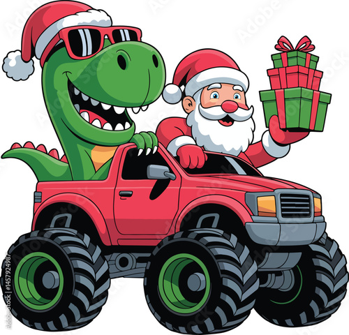 Cute Dinosaur And Santa Riding Truck
