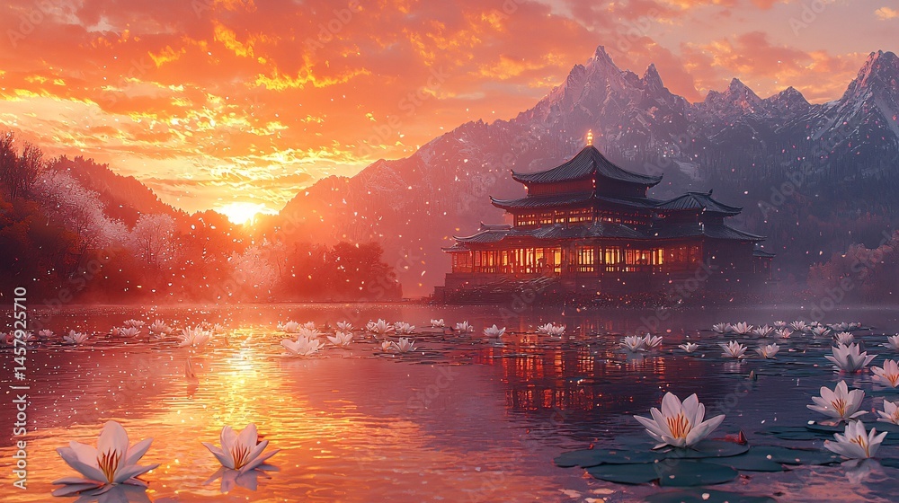 Fototapeta premium Ancient buildings on the lake sunset