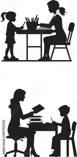 Teacher and student study at desk silhouette vector 